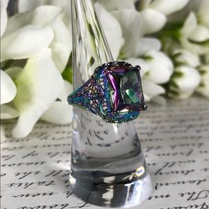 Mystic Topaz Ring, Purple, Blue, and Green Rainbow Filigree, Antique Style